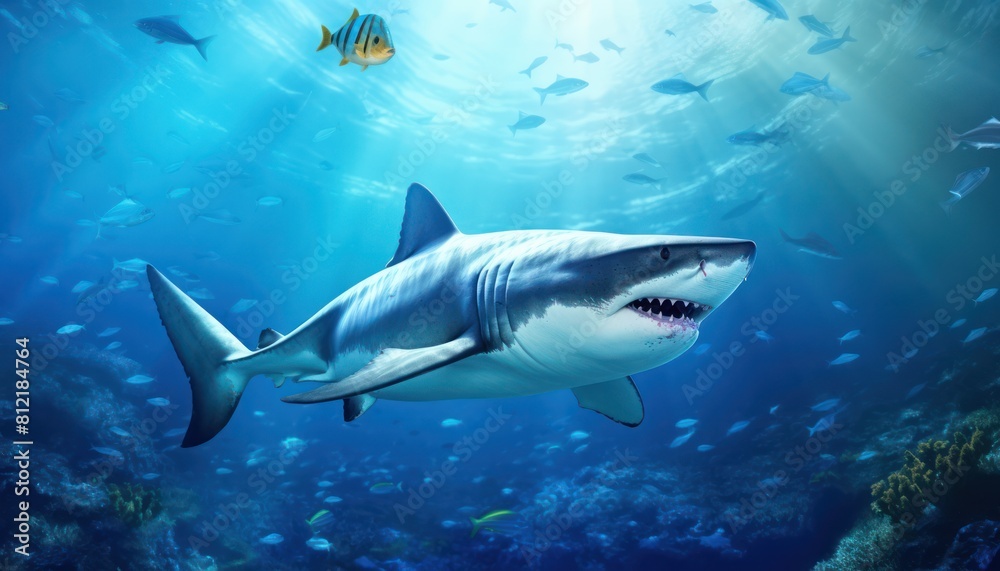 The great White Shark in the ocean, portrait of White shark hunting prey in the underwater