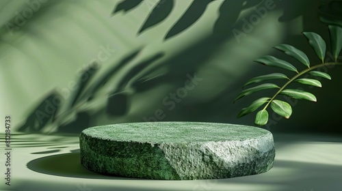green naturethemed product display podium with abstract rock pedestal and leaf shadows photography backdrop photo
