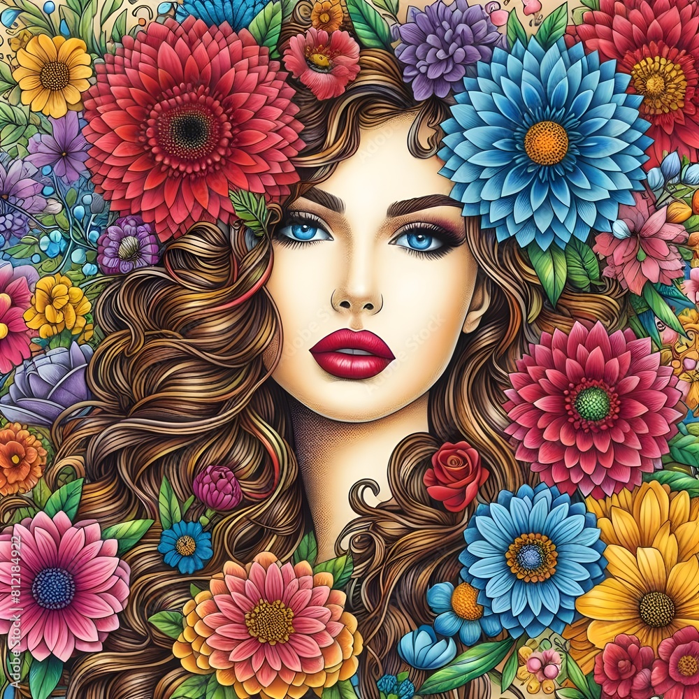 Abstract illustration of a woman's face surrounded by colorful flowers.
