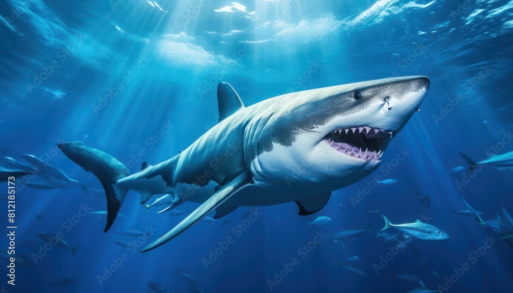 Fototapeta premium The great White Shark in the ocean, portrait of White shark hunting prey in the underwater