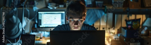 Someone is looking at a laptop screen with a scary face. Banner photo