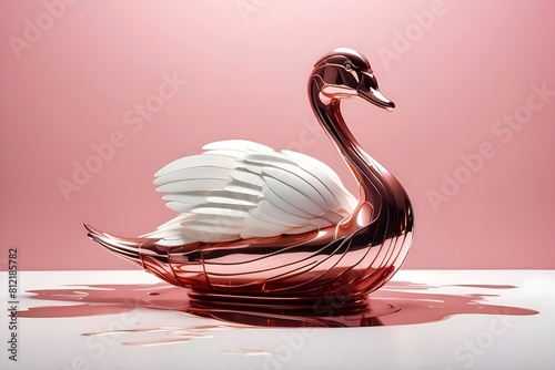 Fototapeta Naklejka Na Ścianę i Meble -  3D swan made of pink metal, white background and smooth all around