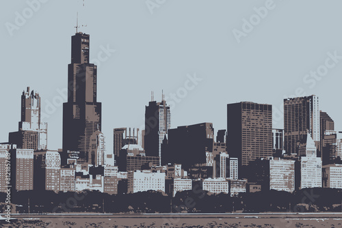 Chicago downtown skyline in 3 three color cartoon illustration. Chicago is also known as the Windy City. photo