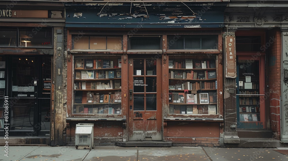 The photo shows the exterior of a vintage bookstore with a brown wooden door.