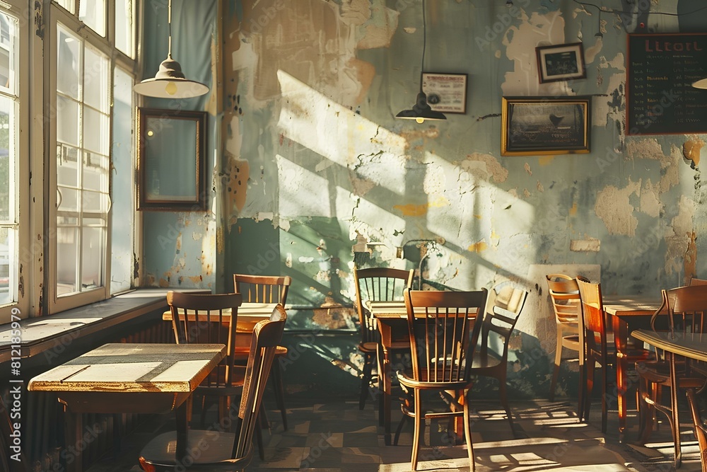 Naklejka premium Vintage interior of an old cafe with wooden tables and chairs near the windows