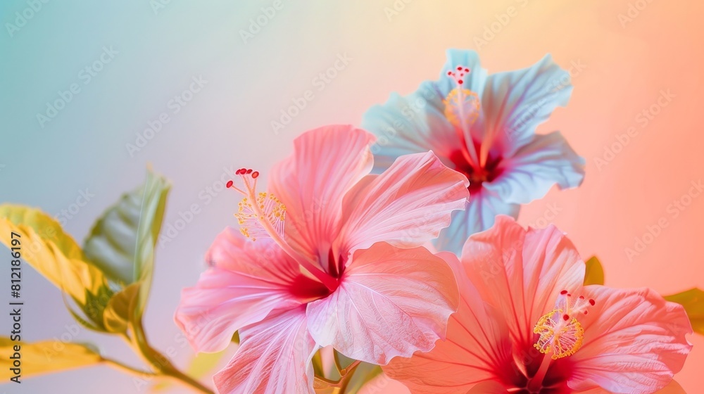 Three pink and blue flowers with yellow leaves Three pink and blue flowers with yellow leaves