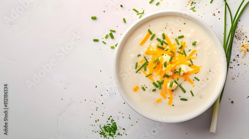 Cozy bowl of low-carb cauliflower soup garnished with chives and cheese on a light background. Top view with copy space. Healthy comfort food concept for design and print.
