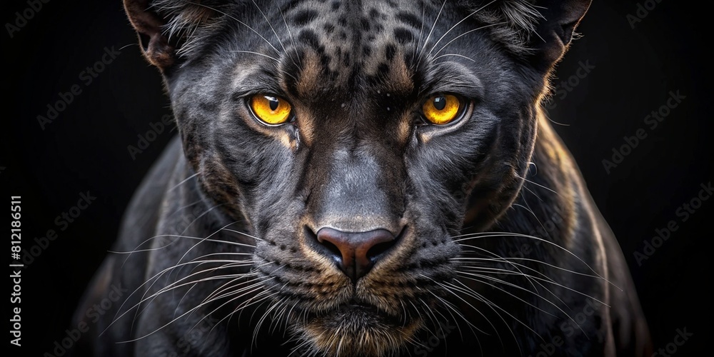  black leopard with yellow eyes in the dark, panther, the smooth black jaguar, big cat eyes