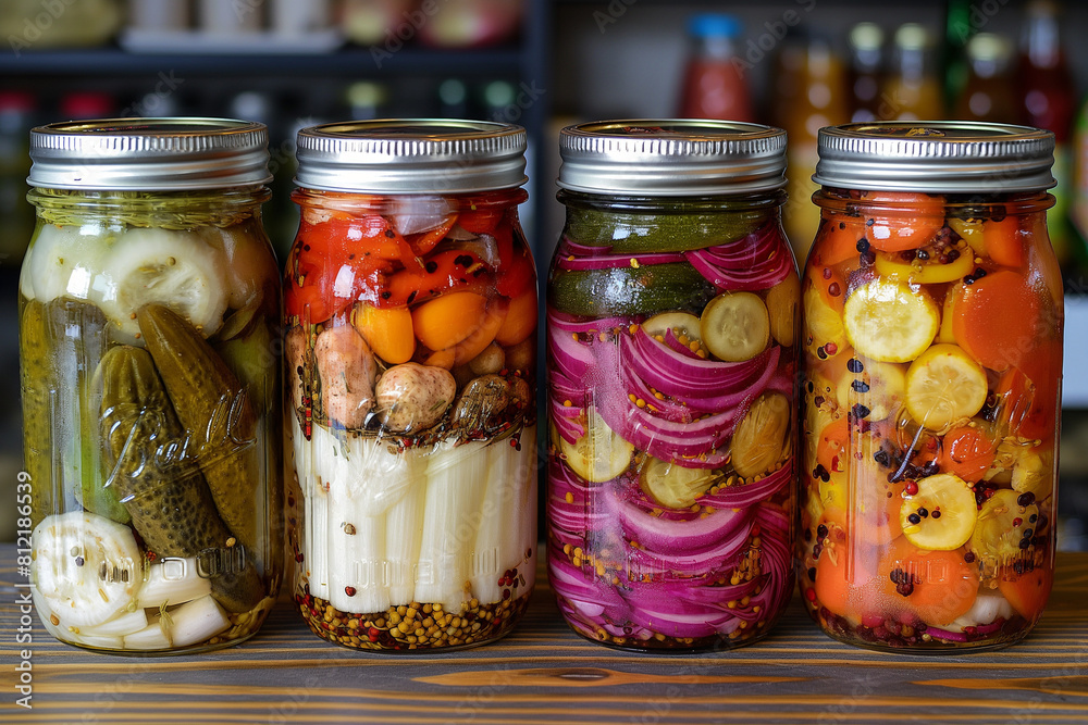 Four jars of pickles are lined up on a wooden table Four jars of pickles are lined up on a wooden table