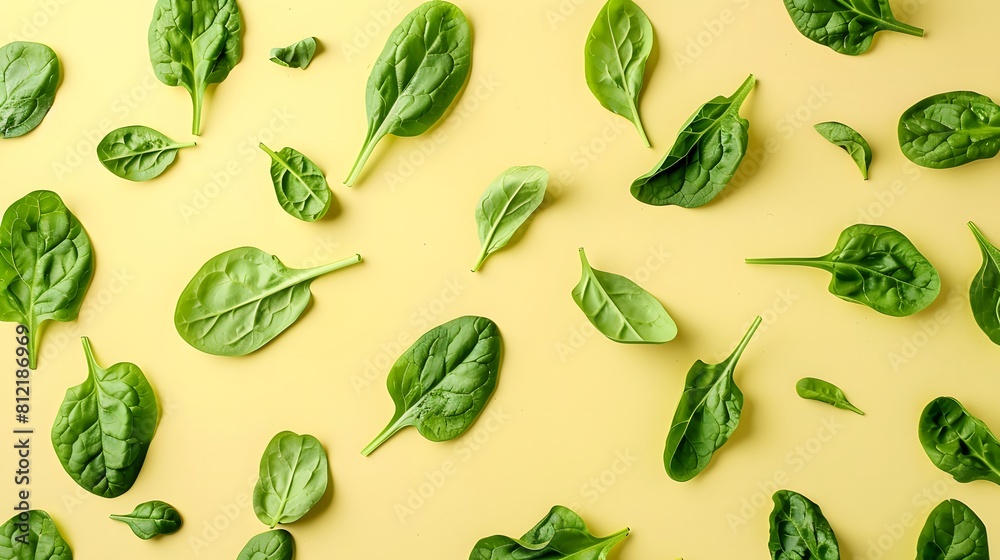 Fresh spinach leaves scattered on a beige background. Flat lay composition with copy space. Healthy eating and vegetarian concept for design and print.