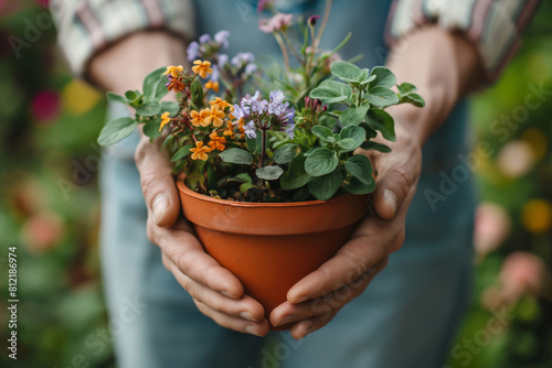 Art of Gardening. Person holding a potted flowering houseplant with soil. Generative AI