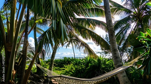 Hammock under a canopy of palm trees with a view of the ocean