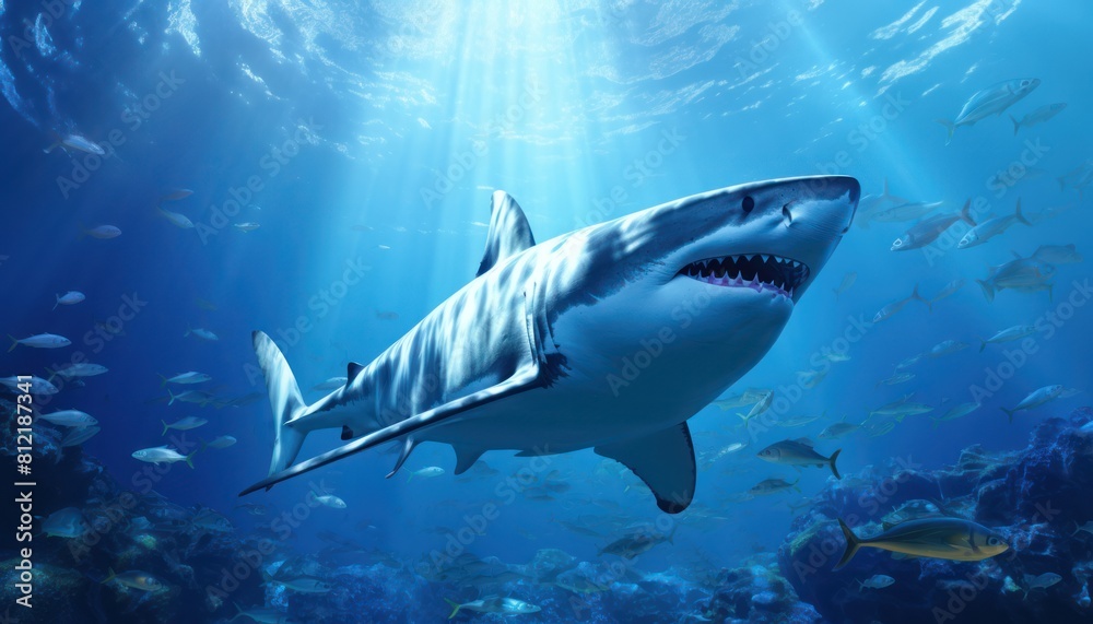 Fototapeta premium The great White Shark in the ocean, portrait of White shark hunting prey in the underwater