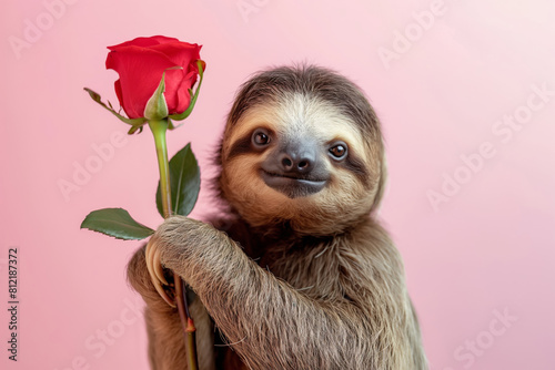 A threetoed sloth gently holds a red rose with its furry paws. Valentines Day. Generative AI photo