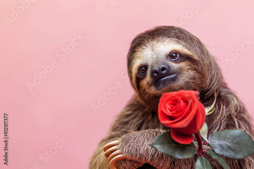 Terrestrial animal, Threetoed sloth, holding red rose in snout. Valentines Day. Copy Space. Generative AI photo