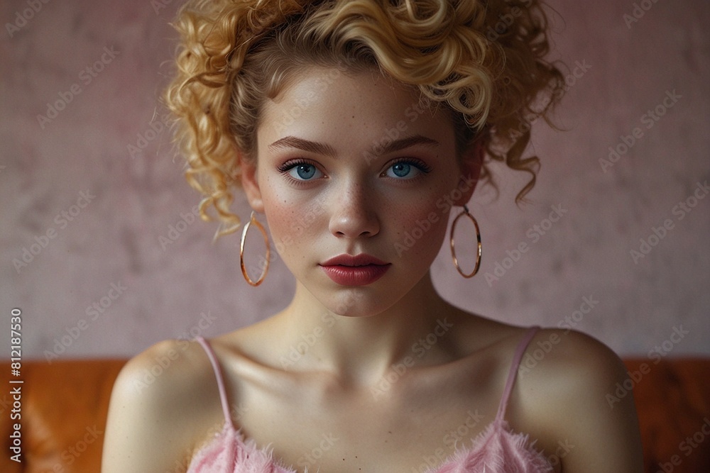 Fototapeta premium Portrait of a Blue-Eyed Blonde in Nightclub Style