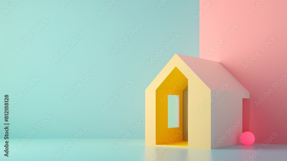 Three houses with different colors are shown with a blue sky in the background Three houses with different colors are shown with a blue sky in the background