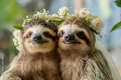 Wedding. Two threetoed sloths with flower crowns in natural habitat. Generative AI photo