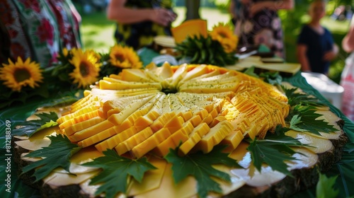 Cumin cheese sliced and adorned with oak tree leaves takes center stage at Latvia s vibrant midsummer solstice festivities on June 23 and 24 known as Ligo or Johns day photo