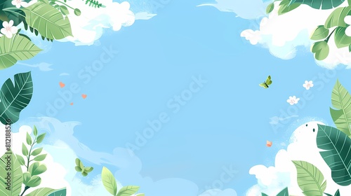 A serene blue sky with lush foliage delicate flowers and a fluttering butterfly
