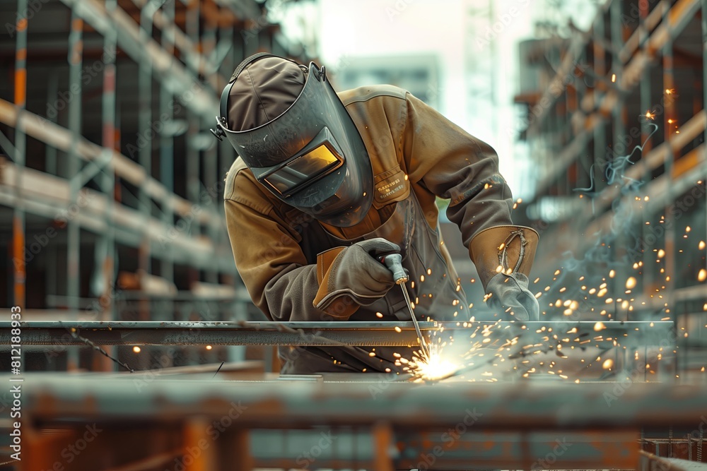Industrial welding of steel in factory, workers with masks. Equipment manufacture, metal construction.. Industrial welding of steel in factory, workers with masks. Equipment manufacture, metal construction..