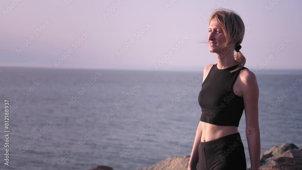 Young pretty fit woman in sportswear running on beach. Outdoor workout by sea. Sports Recreation, Fitness Healthy Lifestyle. Woman running and exercising on beach for cardio, fitness and Young pretty fit woman in sportswear running on beach. Outdoor workout by sea. Sports Recreation, Fitness Healthy Lifestyle. Woman running and exercising on beach for cardio, fitness and