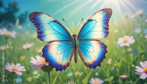 Multicolored butterfly with delicate, iridescent wings perched on a blooming flower in a lush, verdant meadow © Zulfi_Art