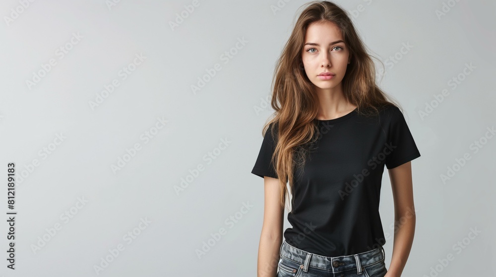 Elegant Young Woman in Casual Black T-Shirt Posing Against a Light Gray Background