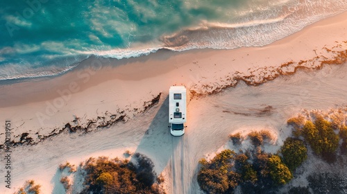 Aerial View of a White Campervan Parked Along the Pristine Beachfront at Sunset