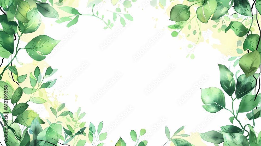 A serene leafy frame with a tranquil watercolor backdrop