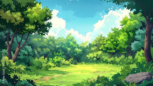 A serene sunlit forest clearing filled with lush greenery