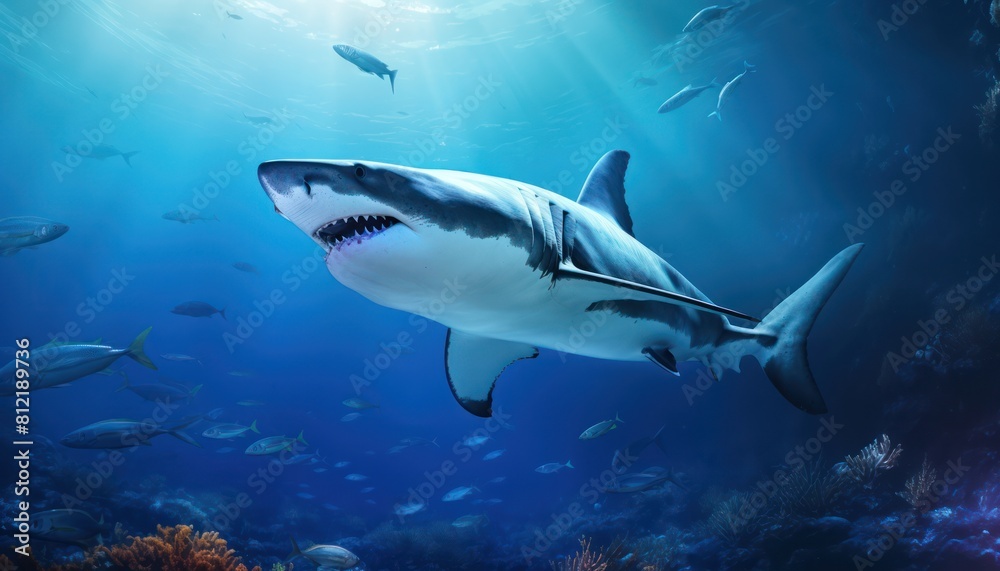 The great White Shark in the ocean, portrait of White shark hunting prey in the underwater
