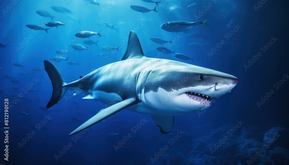 Obraz premium The great White Shark in the ocean, portrait of White shark hunting prey in the underwater