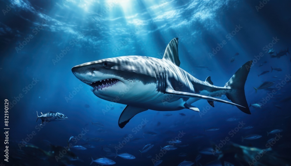Obraz premium The great White Shark in the ocean, portrait of White shark hunting prey in the underwater