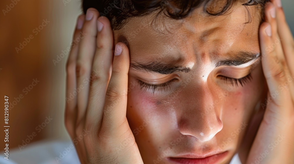 Fototapeta premium A striking close up of a young man in the throes of a severe migraine or intense tension headache possibly triggered by a cluster headache or stress as he cradles his head in agony temples 
