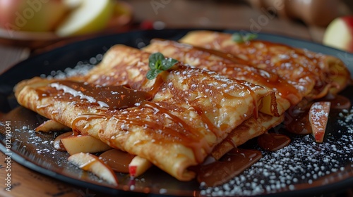 Apple cinnamon crepes with caramel sauce, closeup of Fresh food serving