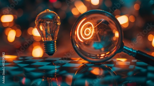 Imagine a magnifying glass zooming in on a target, symbolizing the focus of creative energy on strategic goals. Within the lens, a bright light bulb represents idea generation and innovation. This con photo