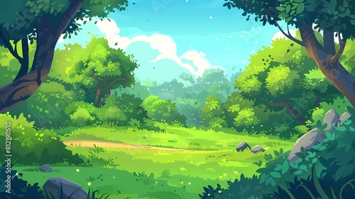 A vibrant and lush forest clearing bathed in sunlight