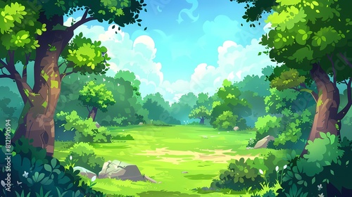 A vibrant and serene cartoon forest glade under a clear blue sky