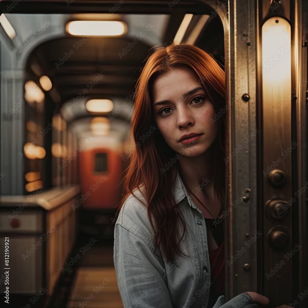 A woman with long red hair is standing in front of a train, smiling A woman with long red hair is standing in front of a train, smiling