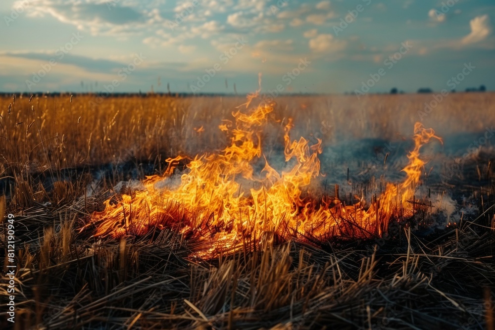 A field of dry grass is on fire A field of dry grass is on fire