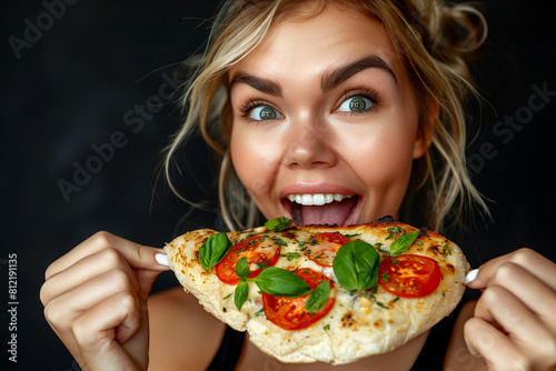 Excited young woman about to take a bite of a fresh homemade pizza garnished with tomatoes and basil