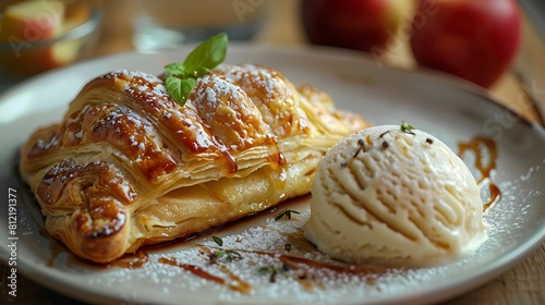 A closeup of Apple turnover with vanilla bean ice cream, Fresh food serving