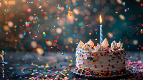 Birthday cake with a single lit candle and colorful confetti falling in the background. Shallow depth of field. Birthday celebration and party concept. Design for greeting card, invitation, and poster