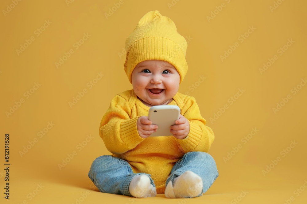 A baby wearing a yellow hat and a yellow sweater is holding a white cell phone A baby wearing a yellow hat and a yellow sweater is holding a white cell phone