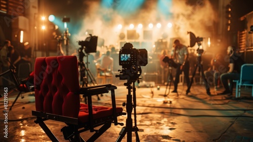 Busy movie set atmosphere with vibrant lighting and crew in action, suitable for film industry events