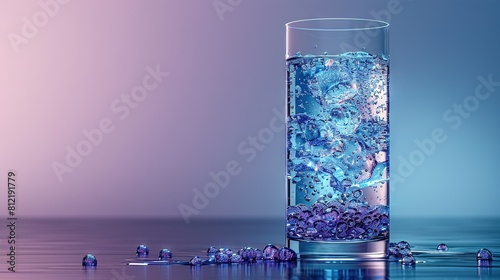  A glass of water sits atop an ice cube on a blue surface against a backdrop of pink and purple