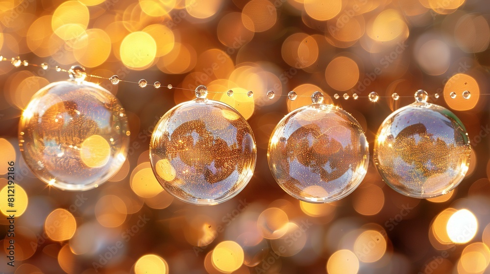 Three ornate glass ornaments dangle on a string in front of a vibrant bouquet of gold and orange lights in the backdrop Three ornate glass ornaments dangle on a string in front of a vibrant bouquet of gold and orange lights in the backdrop
