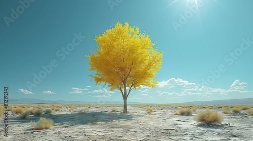   A solitary tree stands tall amidst the arid expanse  its vibrant yellow leaves contrasting against the cerulean backdrop of the boundless sky above