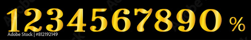 Set of 3D gold numbers and percentage sign isolated on a black background, vector. Numbers design for discount, coupon, card, banner.